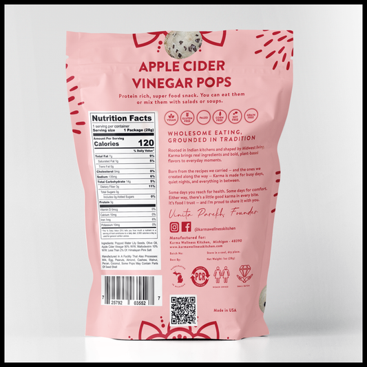 Pink package of Apple Cider Vinegar Pops with nutrition facts and branding on a light gray background