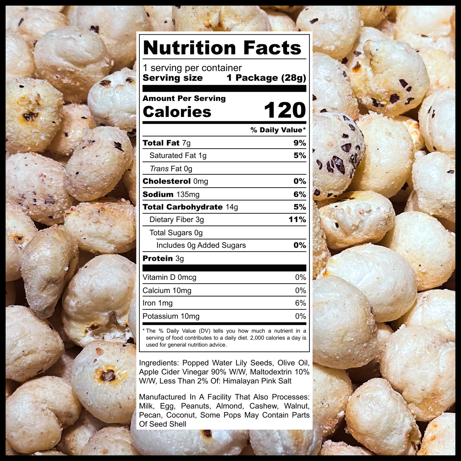 Nutrition facts label on a package of popcorn with visible ingredients.